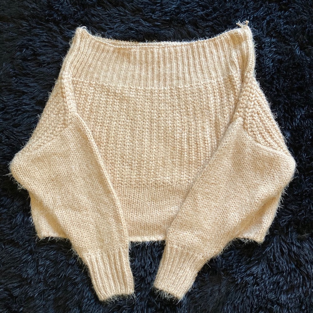 Off the Shoulder Cropped Beige Sweater